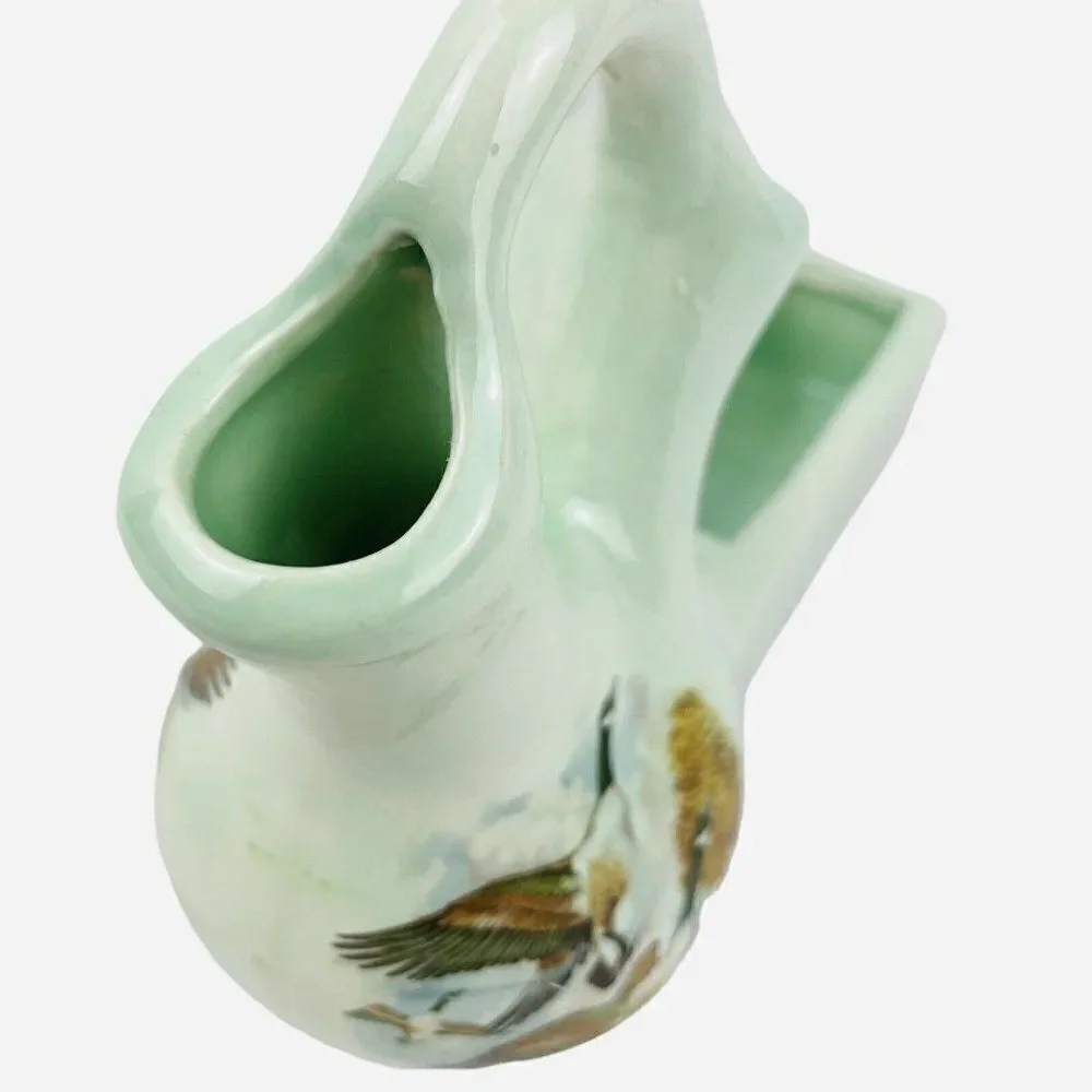 RARE VTG Green Double Opening Spout Bud Vase Planter Geese Mallard Duck Signed